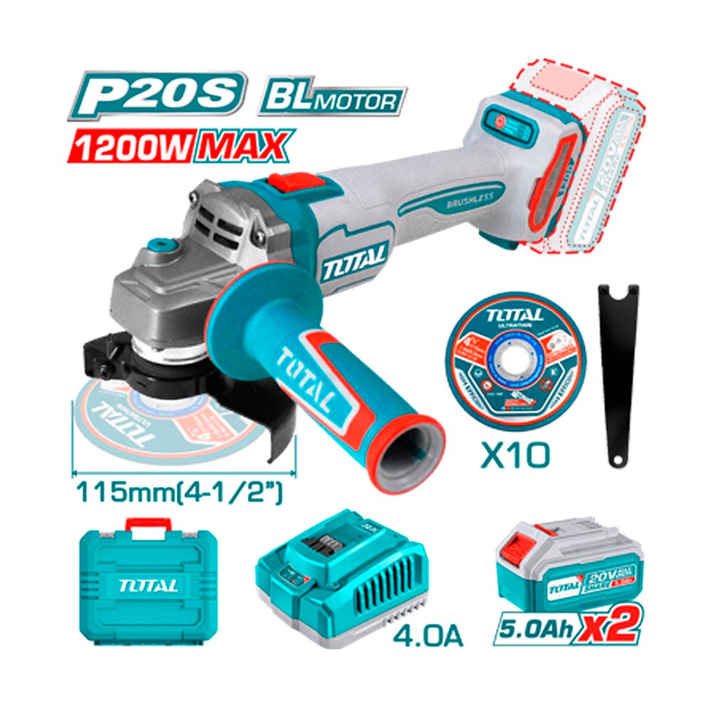 Amoladora 20 V 5 A 1200 W + 10 discos - TOTAL