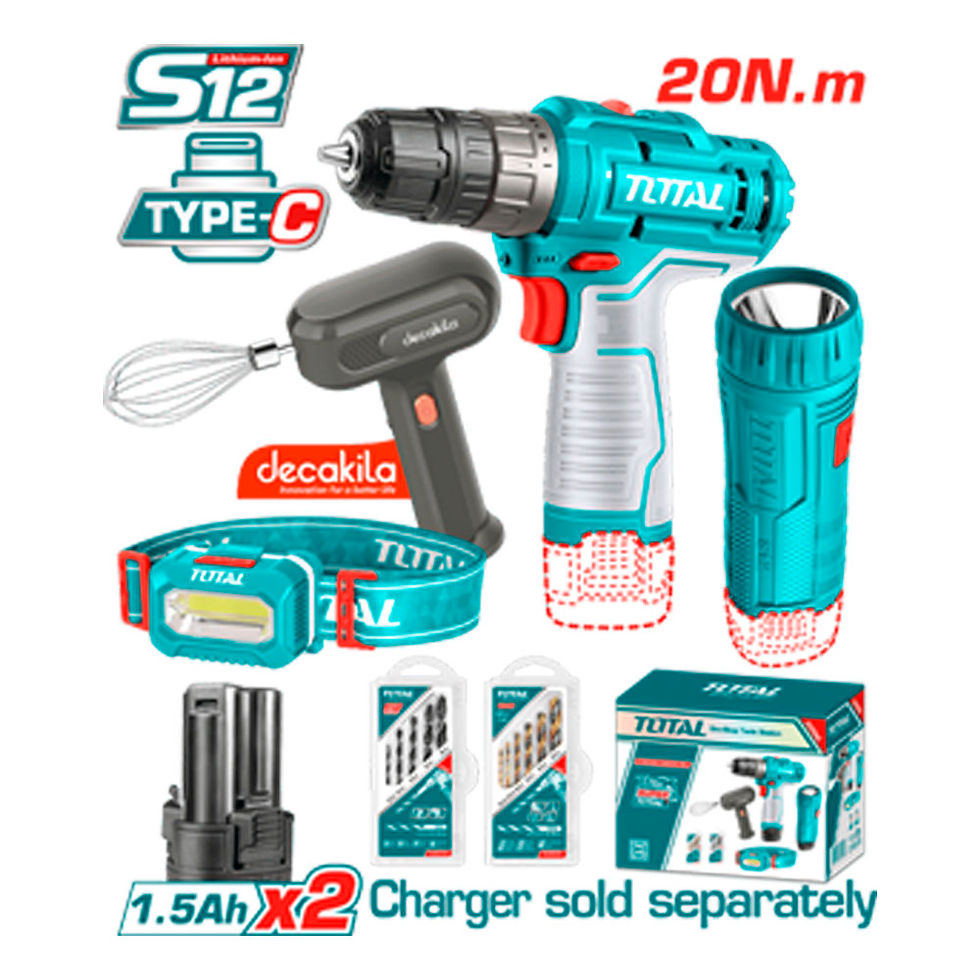 Combo taladro + batidora + 2 linternas 12 V 1.5 A - TOTAL