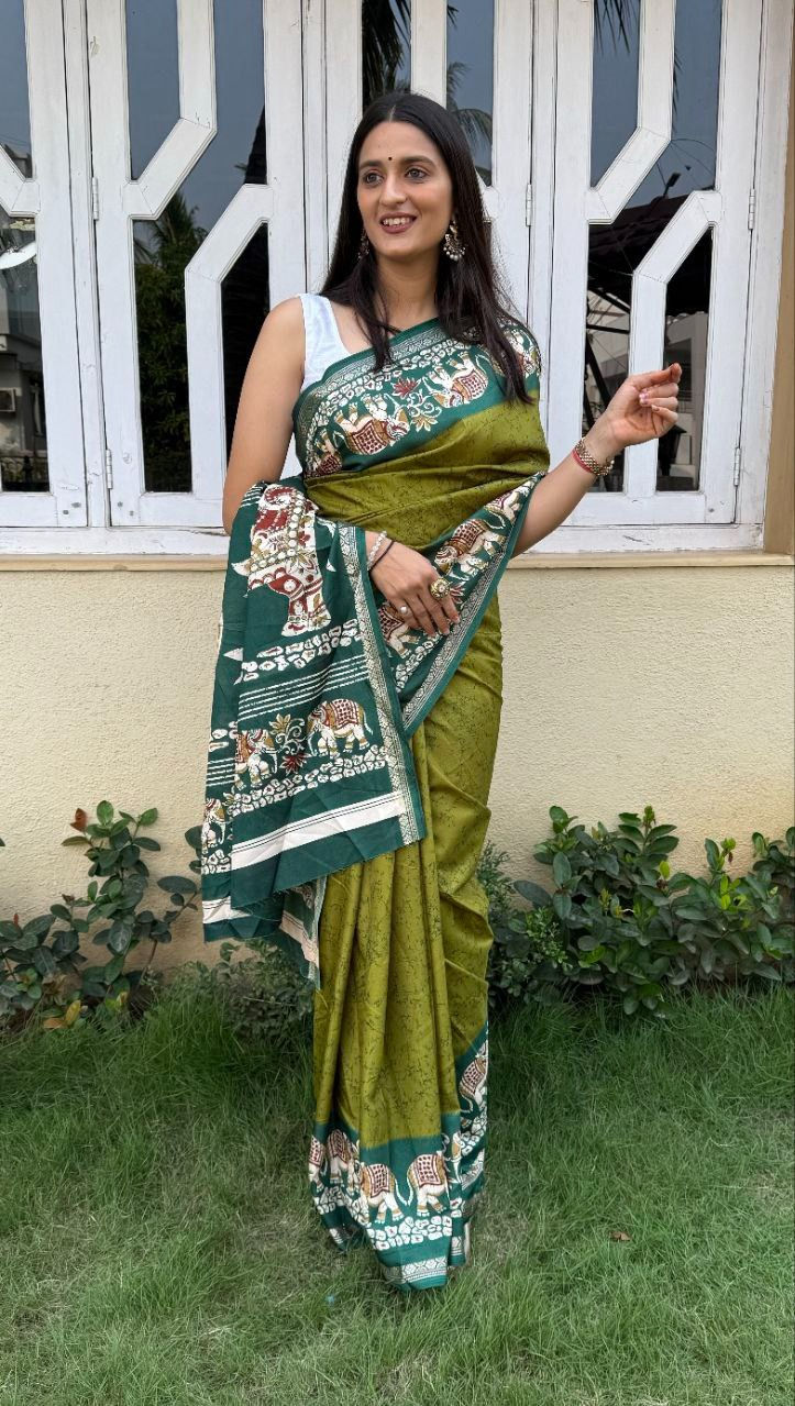 Designer Mehendi Green Crape Silk Saree