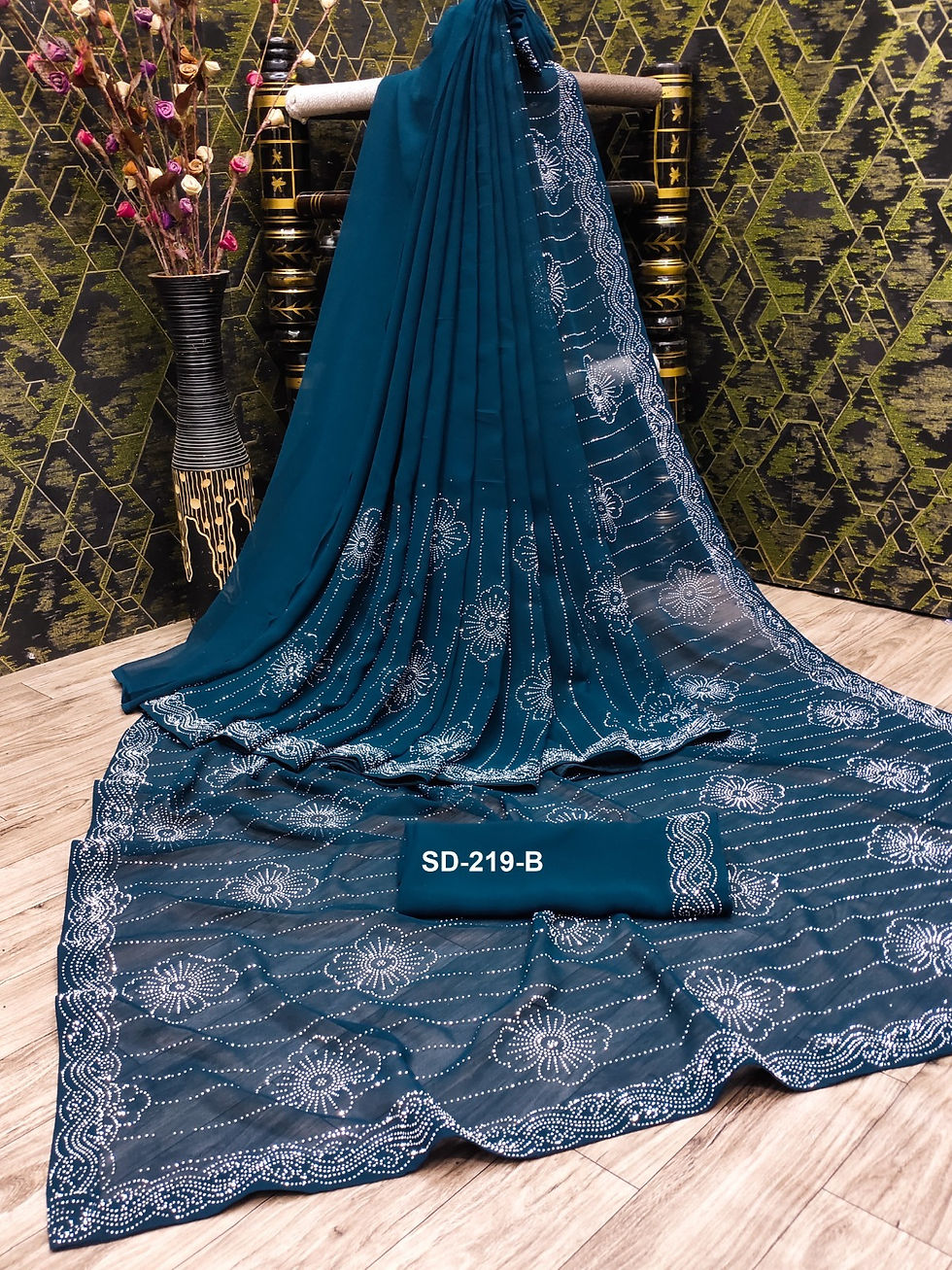 Olive Green Swarovski in Border & Saree Georgette Blooming Designer Saree