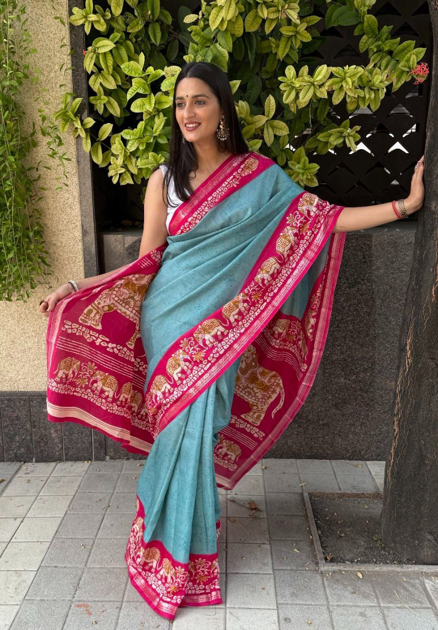Designer Light Blue Crape Silk Saree