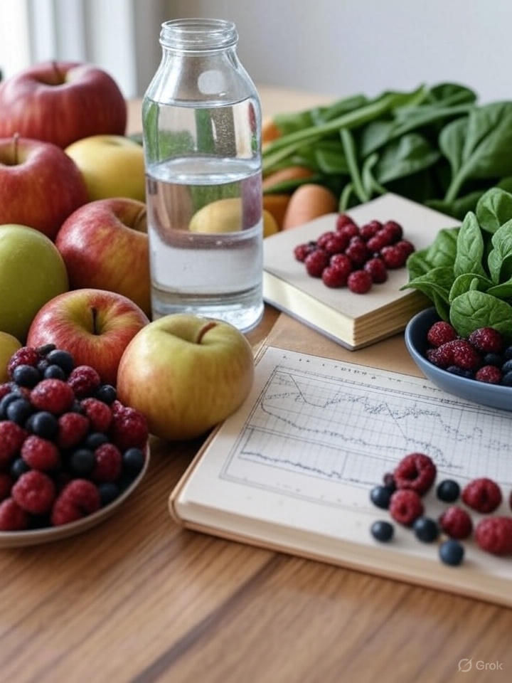 Assortment of healthy foods, water bottle, and journal for managing painful periods.