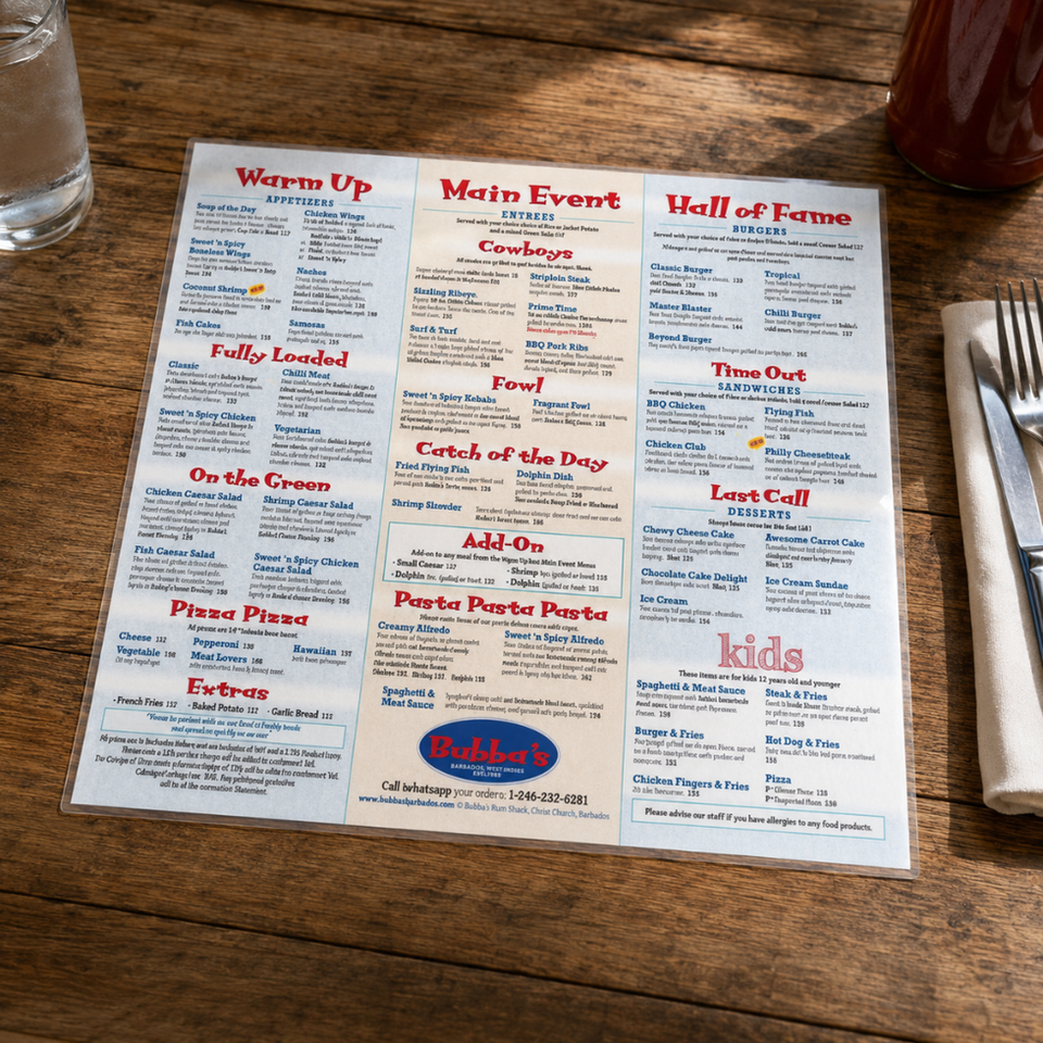 Bubbas Restaurant Menus Printed by COT Holdings Ltd in Barbados and the Caribbean