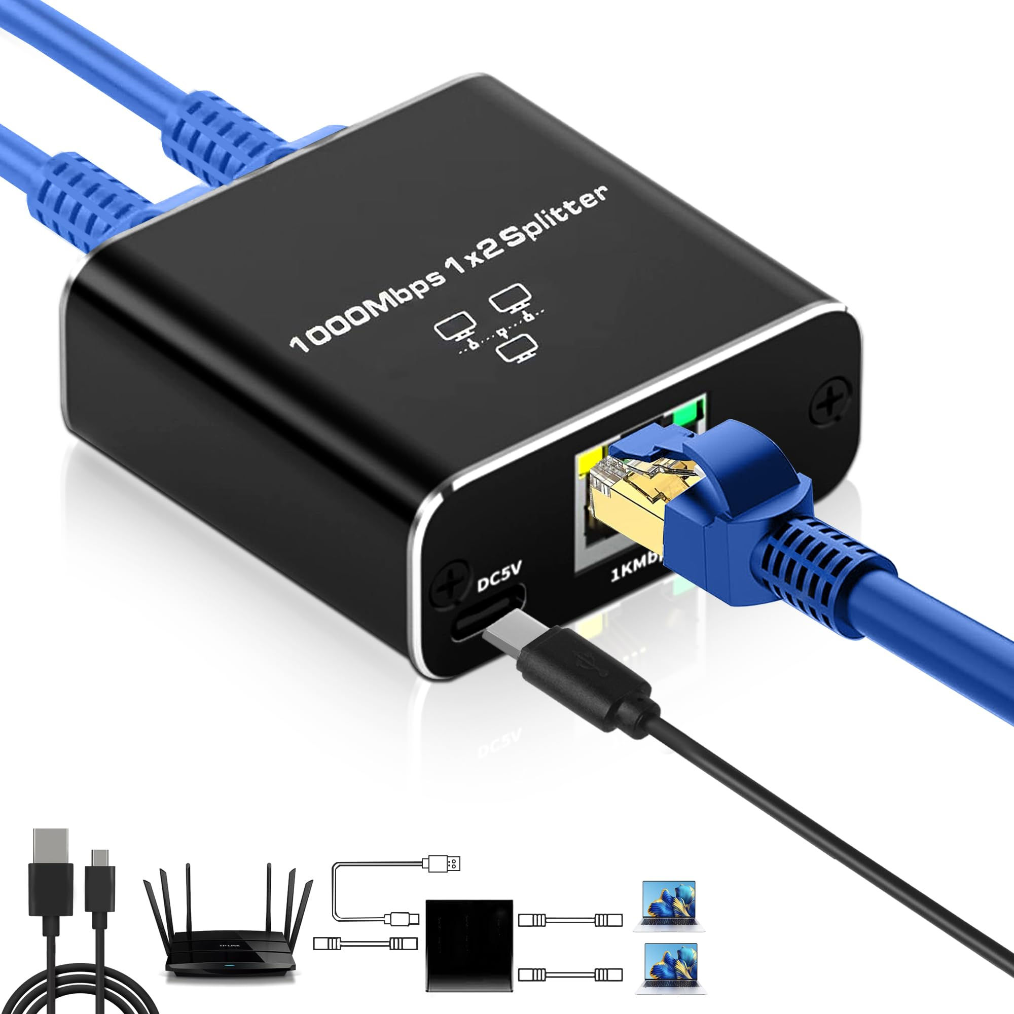 Ethernet Splitter Gigabit Network Port Splitter 1 in 2 Out 1 Female to 2 Female