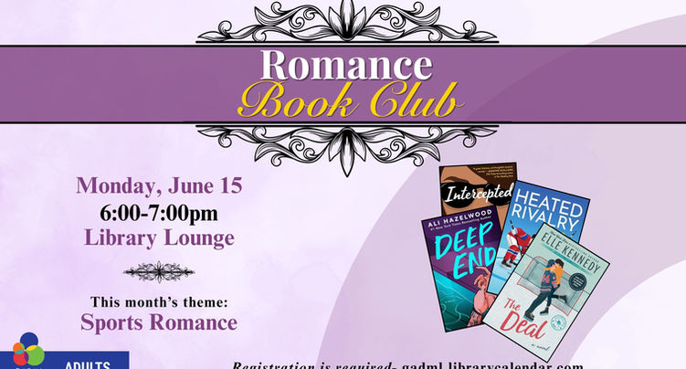 Join us in the Library Lounge on Monday, June 15th from 6pm-7pm as we chat about this month's book theme: Sports Romance.