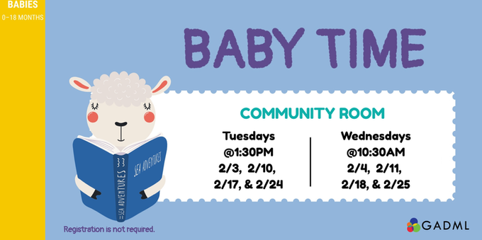 Lamb reading a book on a light blue background with Baby Times listed