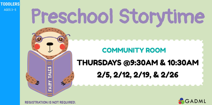 Sloth reading a book on a light green background with Preschool storytimes listed