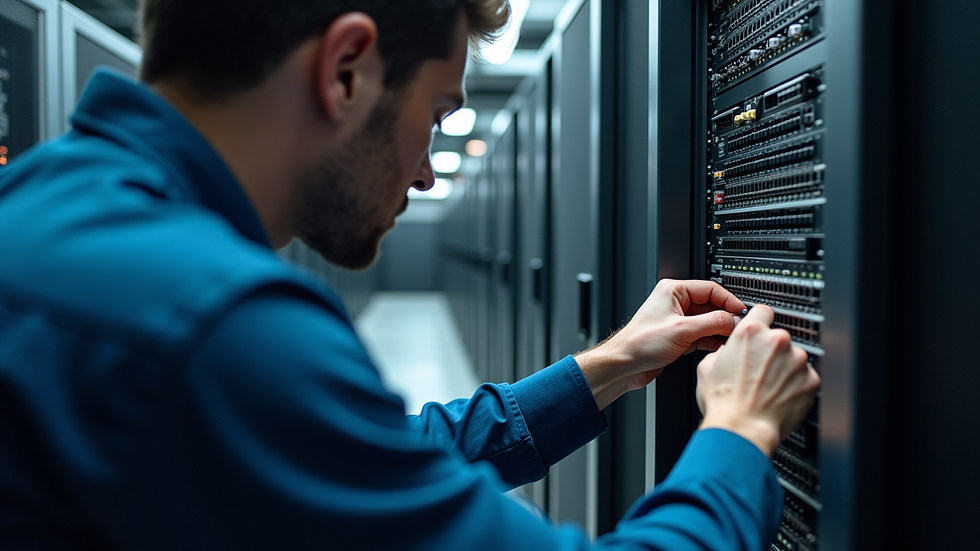 Close-up view of a technician working on a network switch in a server room