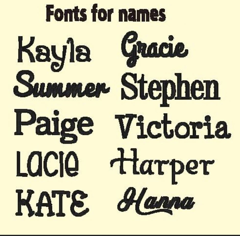 Thumbnail: Fonts for names: Kayla, Gracie, Summer, Stephen, Paige, Victoria, Lucio, Harper, Kate, Hanna.