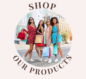 Shop Our Products text with fashionable women holding shopping bags in city background.