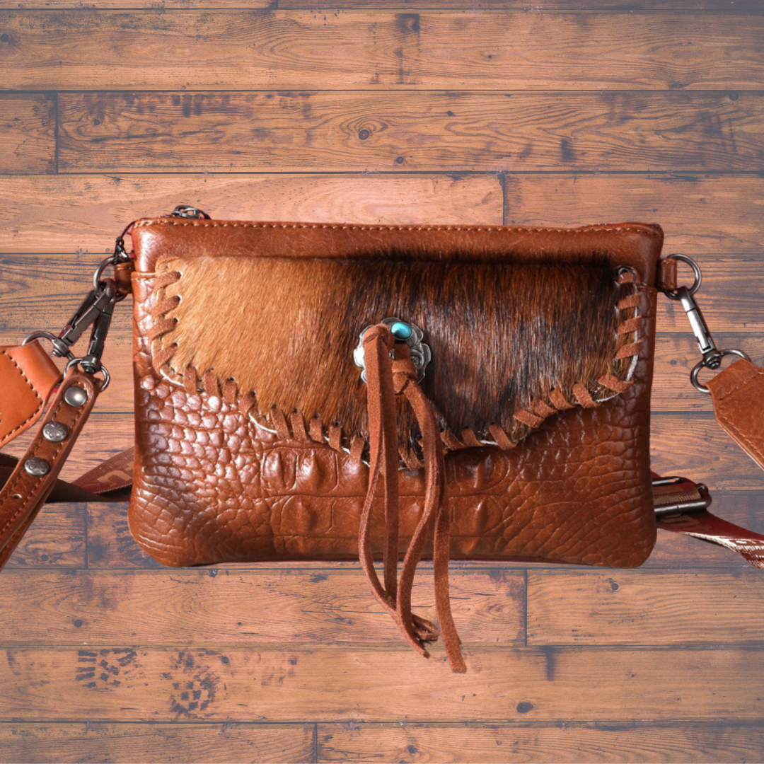 Hair-On Cowhide Croc Embossed Clutch/Crossbody