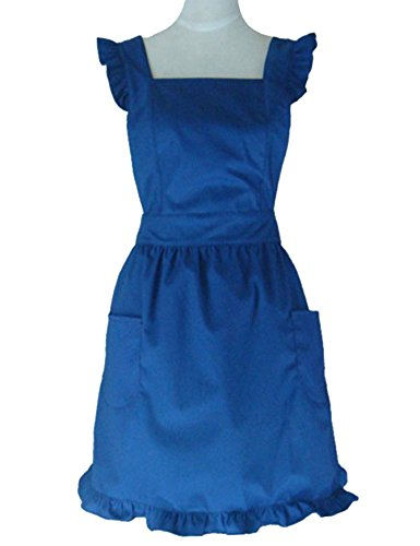 Miniatura: Royal blue dress with two pockets and a ruffled neckline on white background.