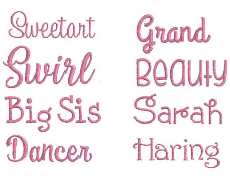 Thumbnail: Sweetart, Swirl, Big Sis, Dancer, Grandma, BEAU, Sarah, Haring, pink text on white.