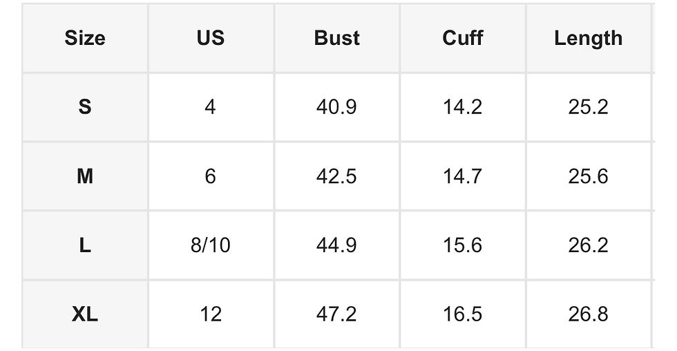 Thumbnail: Size chart with US sizing and bust, cuff measurements and sizing details.