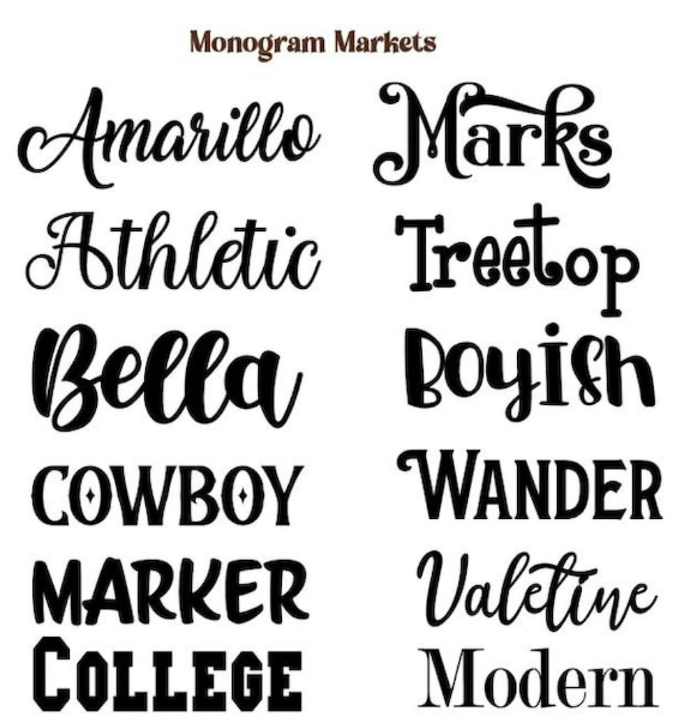 Thumbnail: Monogram Markets text: Amarillo, Marks, Athletic, Treetop, Bella, Boyish, Cowboy, Wander, Marker, Valentine, College, Modern