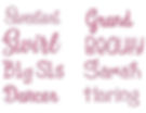 Sweetart, Swirl, Big Sis, Dancer, Grand, Beau, Sarah, Haring text words on white