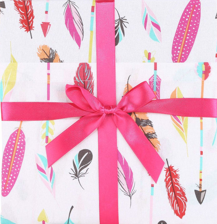 Thumbnail: Gift wrapped with colorful feathers and bright pink ribbon tied.