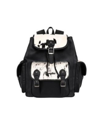 Miniatura: Black backpack with white designs and text, isolated on a white background.