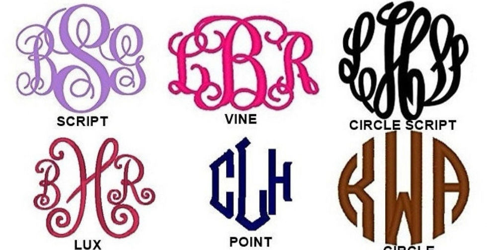 Thumbnail: Various monogram designs in different colors, including VINE and POINT styles.