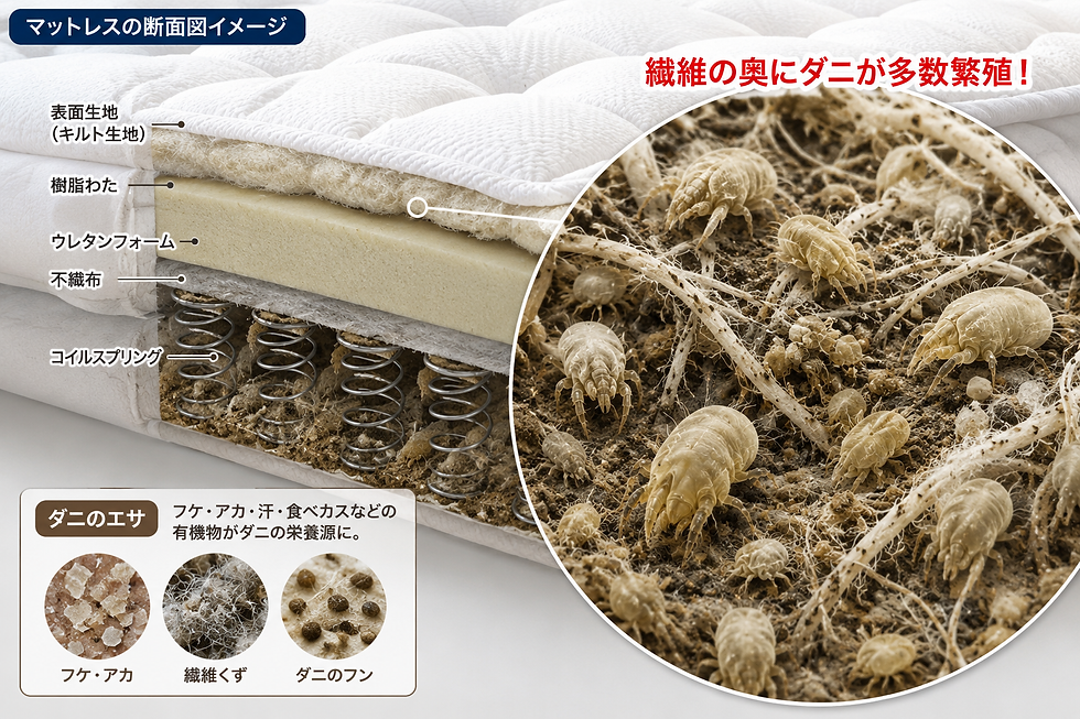 白いマットレスの中にいるダニが拡大表示されている