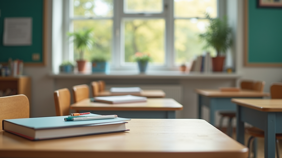 Wide angle view of an inviting classroom setting with various learning materials