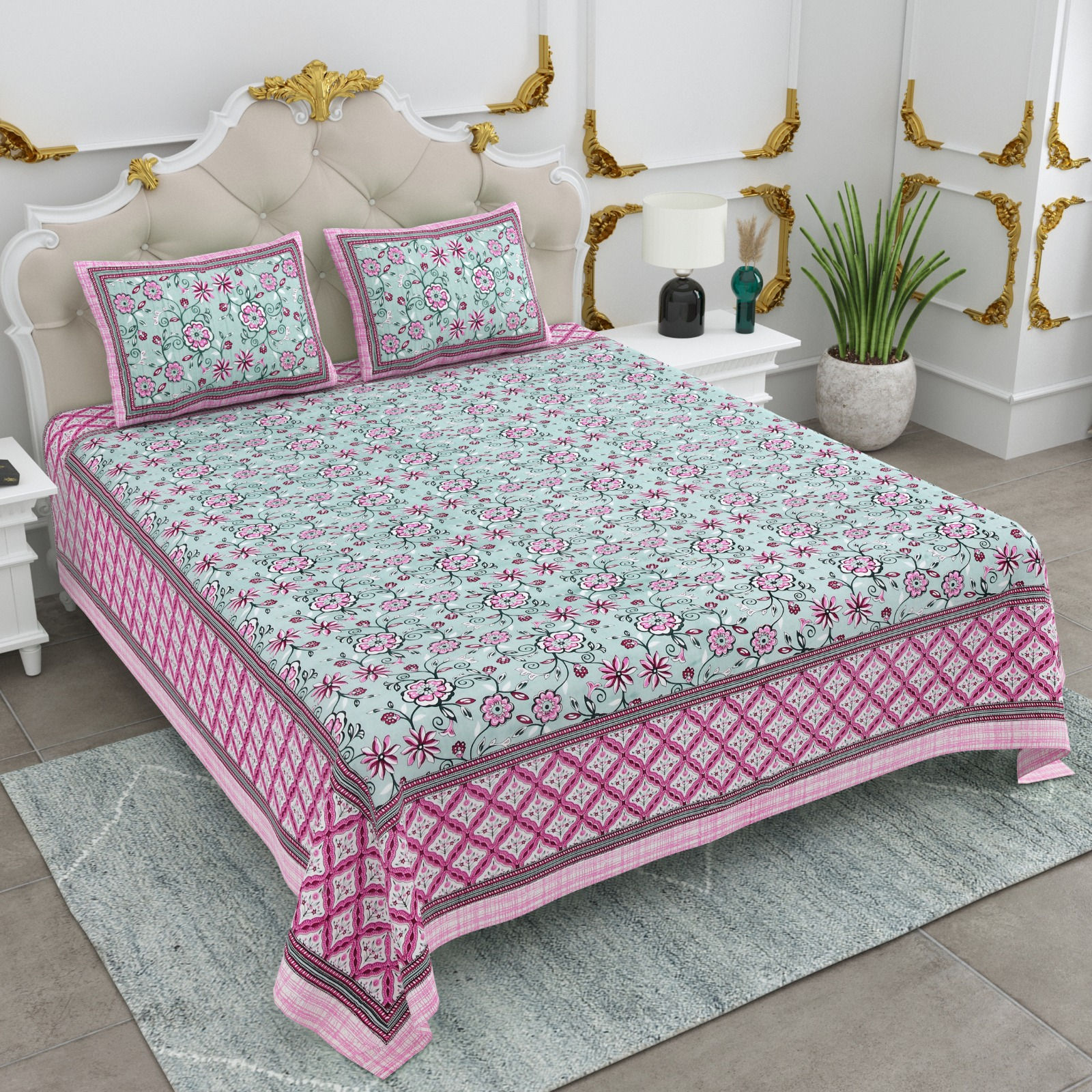 Floral bedsheet set with matching pillows on white bed frame, pink border.