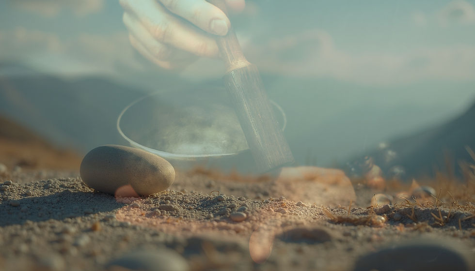 Nahaufnahme einer tibetischen Klangschale, die zur Klangheilung verwendet wird.