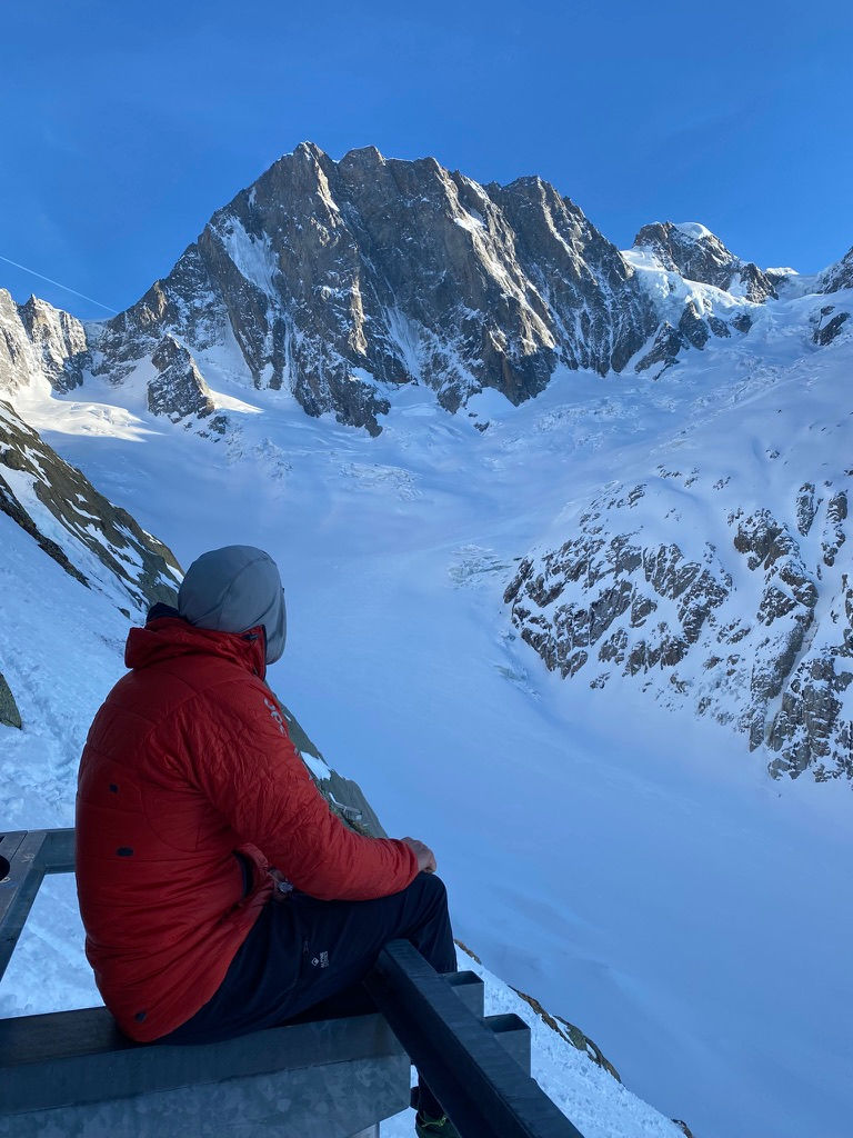 Steve enjoying the view of the North face of the Grand Jorasse