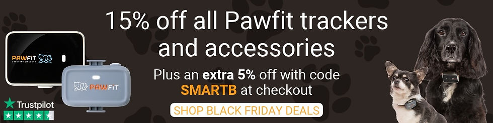 Black Friday Pawfit ad with two dogs and trackers; text: 15% off, extra 5% with code SMARTB, Shop Black Friday Deals.