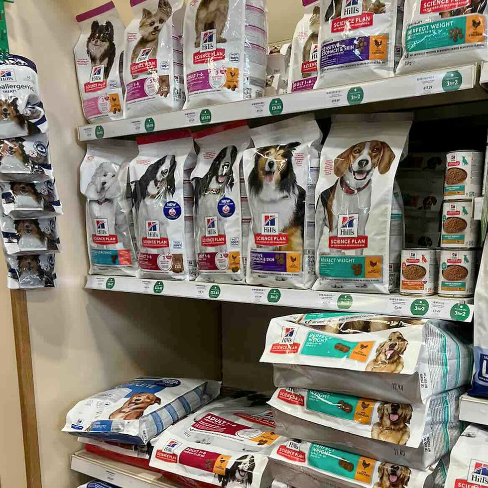Pet store shelves stacked with Hill’s Science Plan dog food bags and cans, showing various dog breeds and colorful labels.