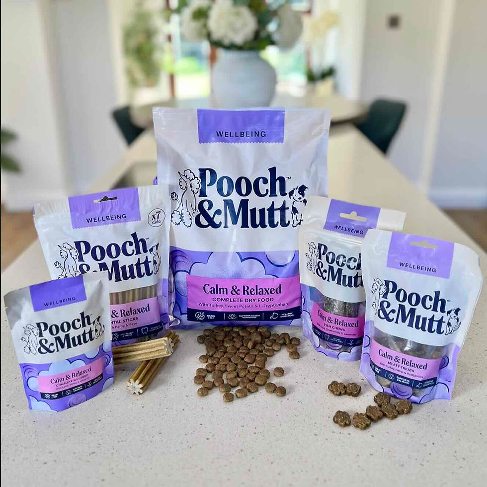 Pooch & Mutt's range of calming products including dry food, treats, wet food