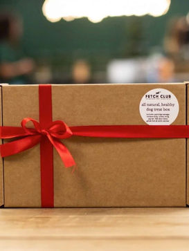 Box of Fetch Club dog treats tied with red ribbon