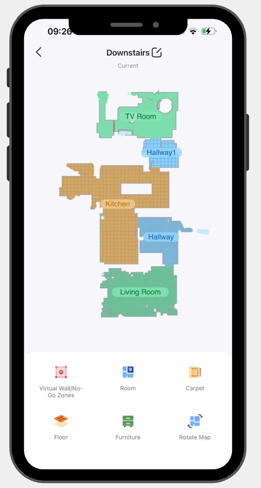 Smartphone screen showing a robot vacuum floor map labeled Upstairs, TV Room, Hallway, Kitchen, and Living Room with menu icons below