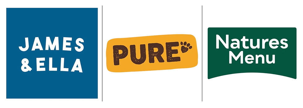 Three pet food brand logos: James & Ella, Pure, and Natures Menu on blue, orange, and green panels.