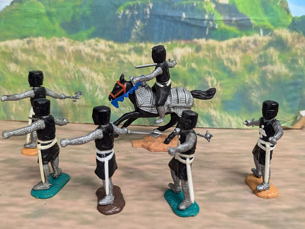 Thumbnail: Timpo Toys Swoppet Black Surcoat Knights Standing and 1 Mounted Figures