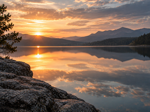 Sunset reflected on a calm mountain lake beside a rocky shoreline