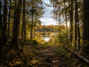 Sunlight shining through trees beside a quiet forest lake