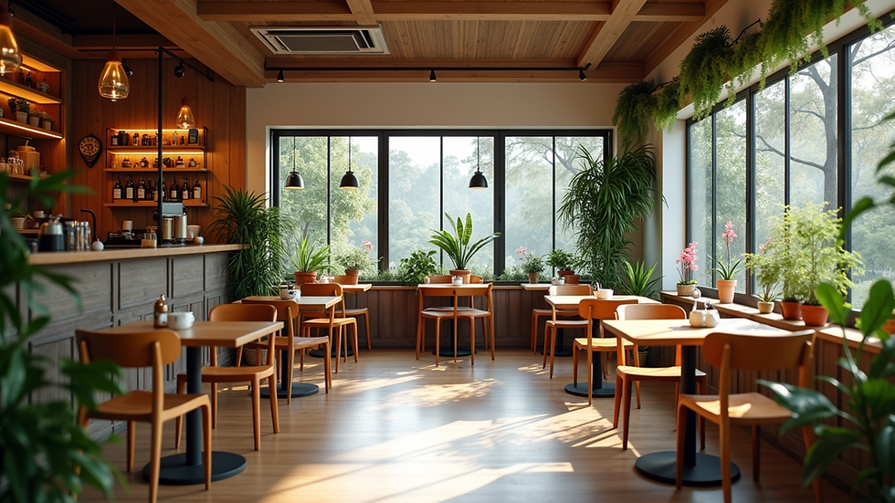 Wide angle view of cozy cafe interior with wooden furniture and plants