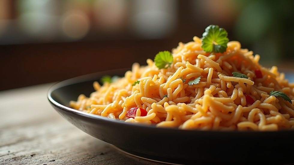 Close-up view of a plate of Koshari, a traditional Egyptian dish