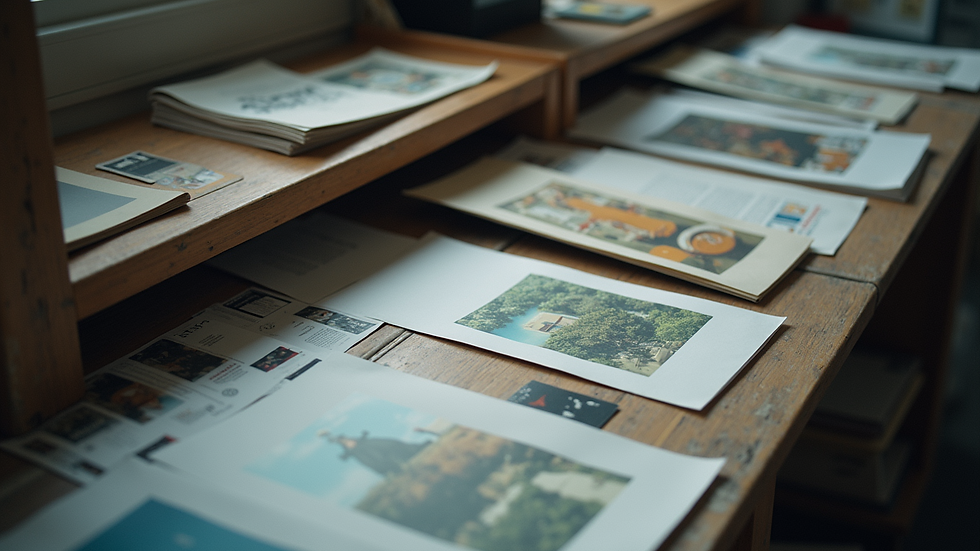 High angle view of a printing shop with various printed materials on display