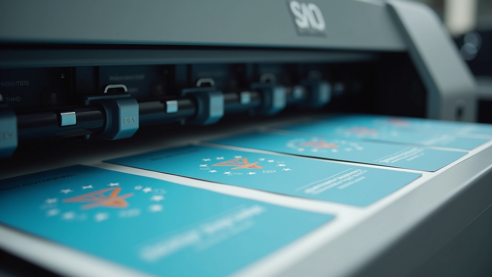 Eye-level view of a modern printing machine producing vibrant business cards