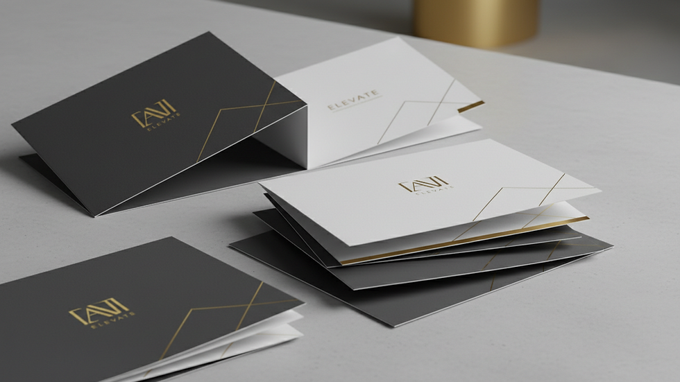 Eye-level view of a tri-fold brochure on a wooden table