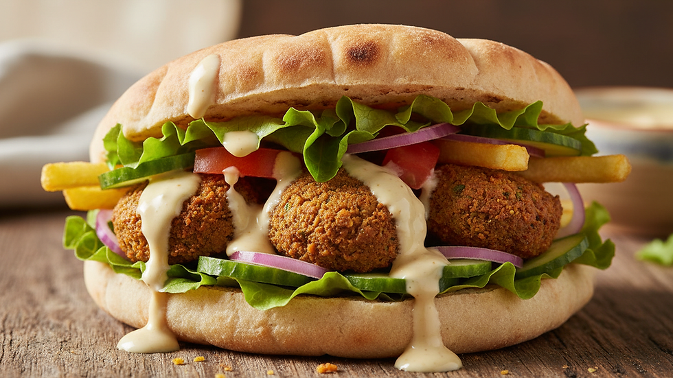Eye-level view of a falafel sandwich with fresh vegetables and tahini sauce