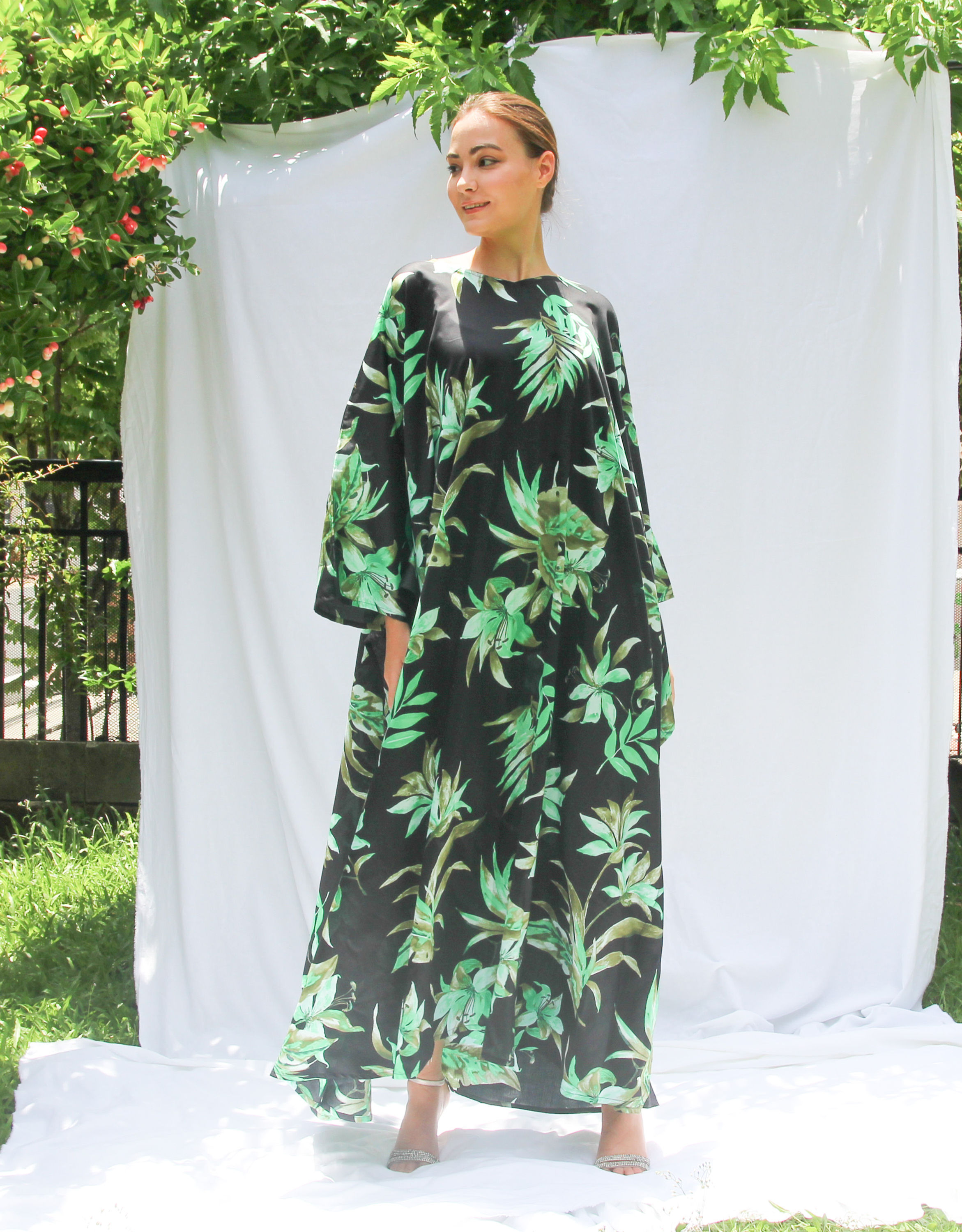 Green Kaftan Resort Wear- Summer Kaftan Long Length Tropical Print