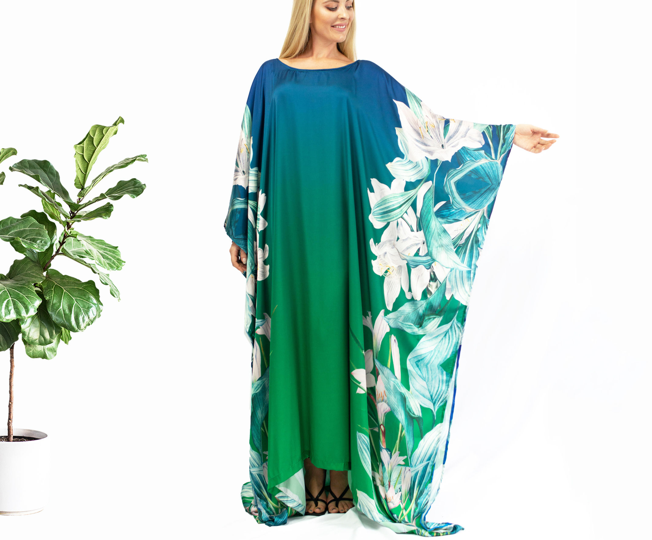Lily Silk Kaftan Long Sleeves, Green Kaftan with Floral Kaftan Beach Wear