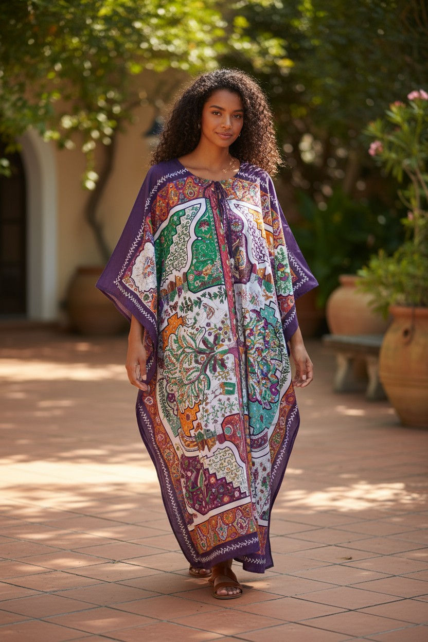 Miniature : Vintage Kaftan Dressing Gown : Purple Gown for Vacation, Silk Twill