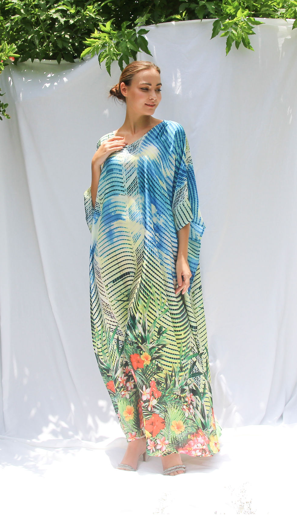Thumbnail: Tropical Print Kaftan - Silk Kaftan Custom Length - Full Length Kaftan Silk Maxi