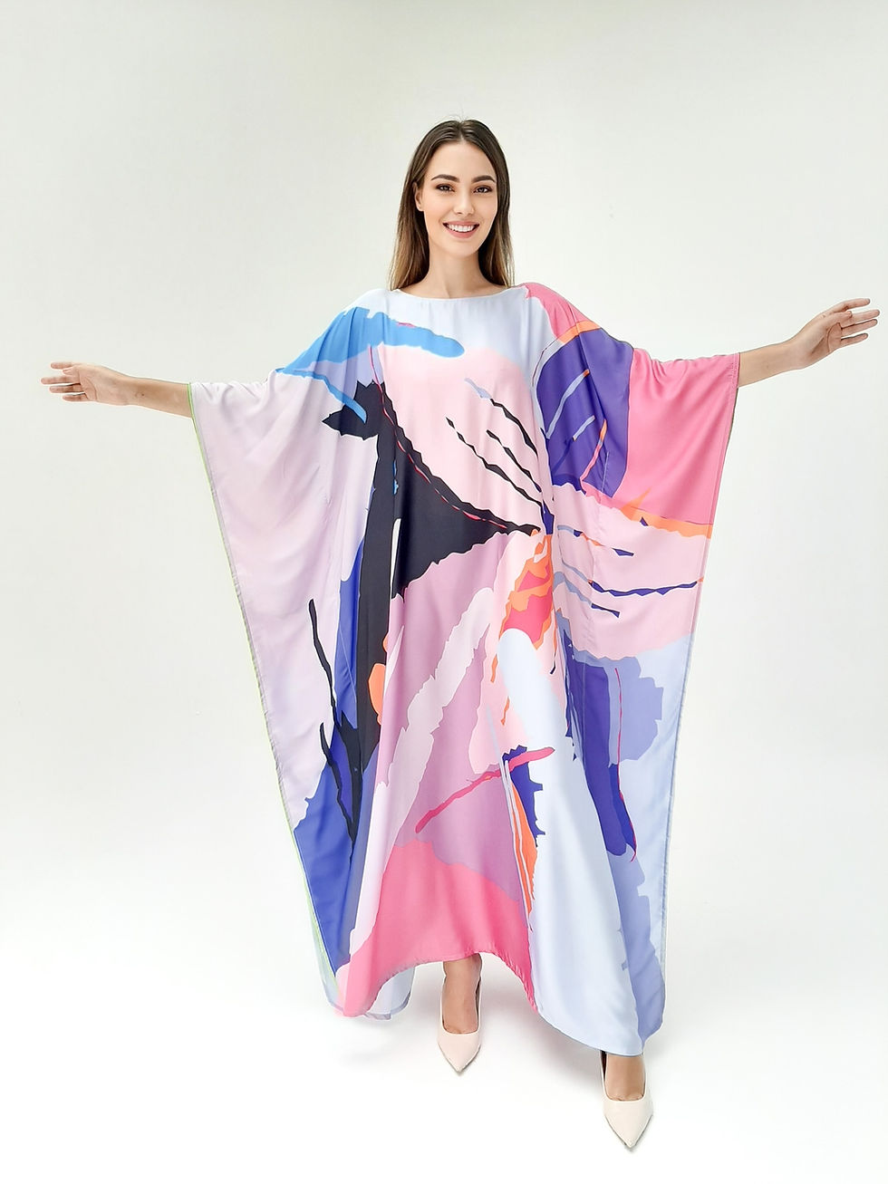 Miniatura: Pink kaftan floral abstract pring, Pink Silk dress for Women