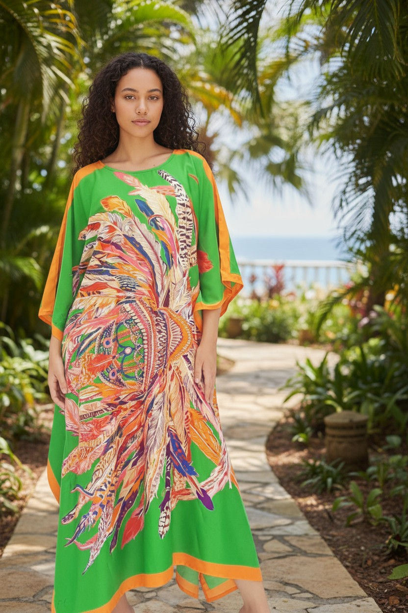 Thumbnail: Green Kaftan Feather Print : Vintage Dressing Gown for Beach Wedding