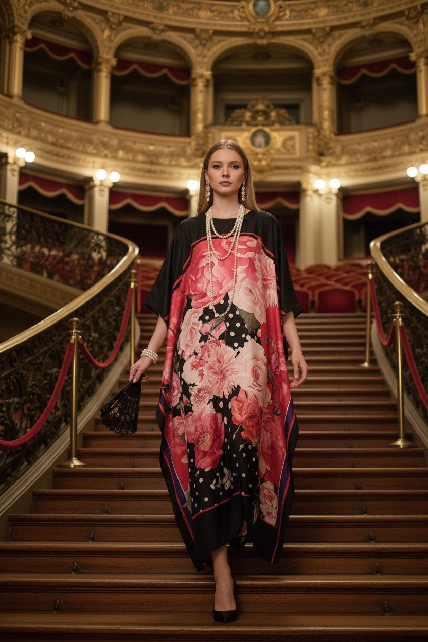 縮圖：Rose kaftan sill blend- one size fit all - designer kaftan dress- uqniue print